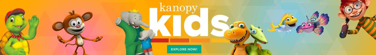 Text &quot;Kanopy Kids&quot; with animated characters including smiling dinosaurs, elephants, monkeys, and fish