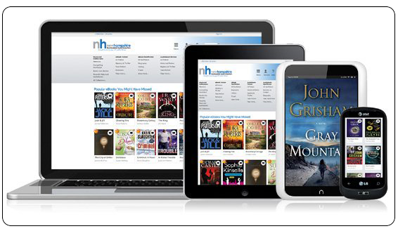 Image of the New Hampshire Downloadable Books website on a laptop screen, a tablet, a smaller tablet, and a smartphone