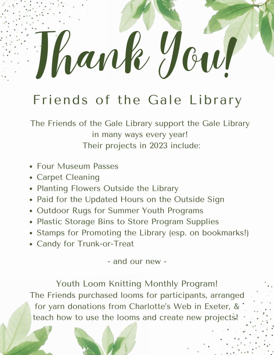 Thank you Friends of the Gale Library for all your support in 2023!