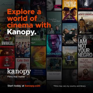 Film posters of dozens of films with text: explore a world of cinema with Kanopy