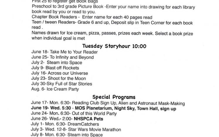 Universe of Stories - Summer Reading Program Schedule of Events