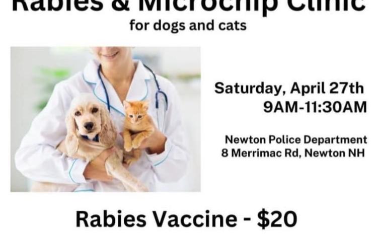 Clinic at Newton Police Department.  9-11:30 $20 per shot $40 microchip.  Cash only.  Clerk will be there to license Newton dogs